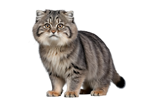 A small pallas cat standing on its hind legs, its round face and fluffy coat making it irresistibly cute, isolated on a transparent background (PNG).