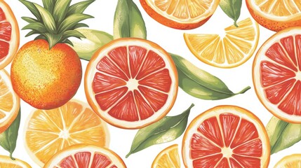 A vibrant illustration featuring various citrus fruits, including oranges and lemons, with lush green leaves enhancing the colorful display.