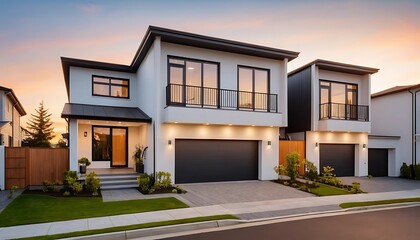 Close up photo of modern residential townhouse, luxury architectural style house exterior