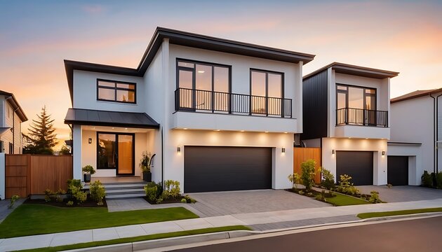 Close up photo of modern residential townhouse, luxury architectural style house exterior