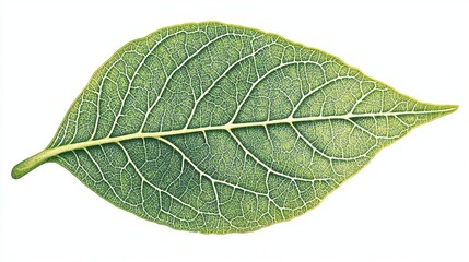 Obraz premium Close-up of a single green leaf isolated on white background, showcasing intricate vein details.
