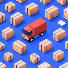 A vibrant illustration of a red delivery truck surrounded by numerous cardboard boxes on a blue background, symbolizing logistics and shipping.