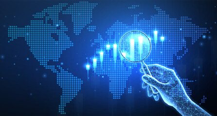 Hand with magnifying glass and stock chart on digital world map