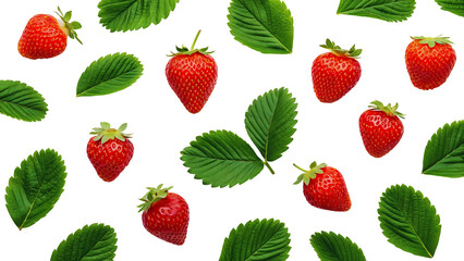 Delicious Red Strawberries with Green Leaves on Black Background Seamless Pattern