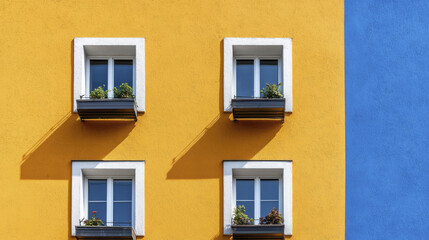 Bright yellow building facade with blue accent and four windows adorned with flower boxes