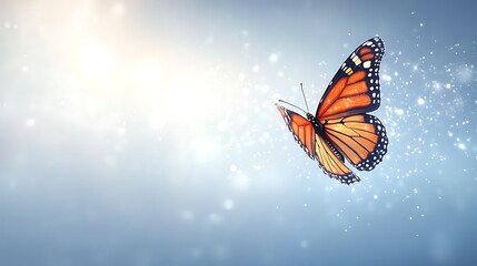 Fototapeta premium A beautiful orange and black butterfly floating in the light