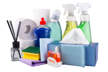 Various cleaning products and toilet and household cleaner products are organized on white isolated background. home hygiene concept.