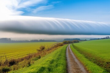 Fototapeta premium rural path through vibrant landscape under dramatic sky with unusual cloud formation