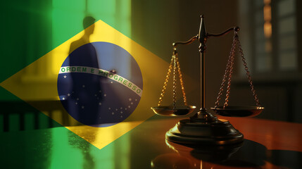 The scales of justice stand in front of the Brazil flag, symbolizing law, fairness, and the legal system. A concept of democracy and equality.