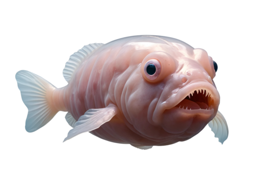 A blobfish in its natural deep-sea habitat, its gelatinous body and sad expression making it both strange and oddly endearing, isolated on a transparent background (PNG).