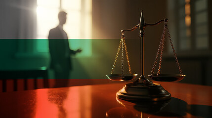 The scales of justice stand in front of the Bulgaria flag, symbolizing law, fairness, and the legal system. A concept of democracy and equality.