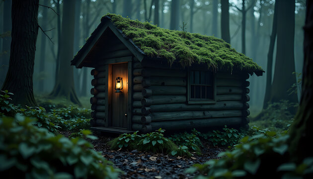 a little cabin in the woods with a green roof and moss on the tiny house