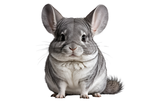 A fluffy chinchilla standing upright, its large ears and bushy tail adding to its cuteness. Its soft gray fur and tiny paws are detailed, isolated on a transparent background (PNG).