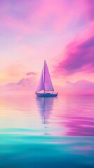 Fototapeta premium A serene sailboat gliding through calm waters. The sky is painted with colors of dusk, creating a tranquil scene. Embrace the beauty of nature. Generative AI