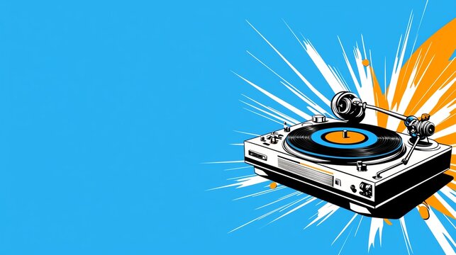 A vibrant illustration of a vintage turntable on a blue background, perfect for music enthusiasts and retro design lovers.