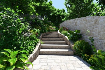 Beautiful landscaped stone garden pathway with lush greenery and stair steps leading to a peaceful retreat in a vibrant outdoor environment designed for relaxation and nature appreciation
