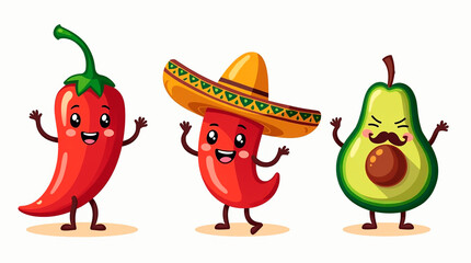 Set of cute cartoon characters in the form of chili peppers, sombreros and avocados with mustaches celebrating Cinco de Mayo, isolated on white background.