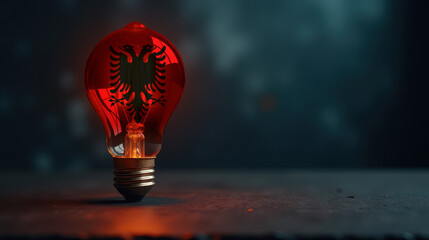 A patriotic concept: A light bulb with the Albania flag design glowing in the dark, symbolizing ingenuity, technology, and energy independence