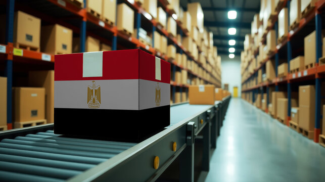 Egypt parcel on a conveyor in a modern distribution center. Symbolizing trade, global exports, and the efficiency of logistics