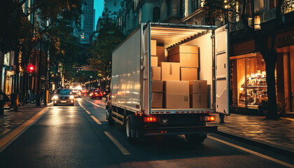 A moving truck travels down a city street in the evening, illuminated by streetlights. The back of the truck is open, revealing several stacked boxes inside, indicating a relocation