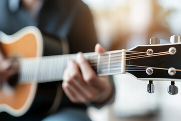 Person plays guitar in a cozy living room, creating a warm and inviting atmosphere during a relaxed afternoon session