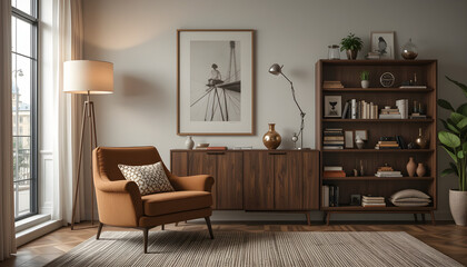 Stylish Living Room with Cozy Armchair and Contemporary Bookshelf Arrangement