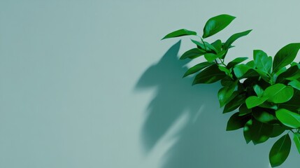 Lush green leaves cast intricate shadows on soft pastel backgrou