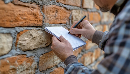 Individual writes notes in a notepad while leaning on a textured brick wall. The setting appears to be an outdoor area with natural light available