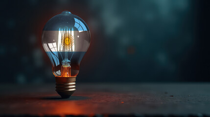 A patriotic concept: A light bulb with the Argentina flag design glowing in the dark, symbolizing ingenuity, technology, and energy independence