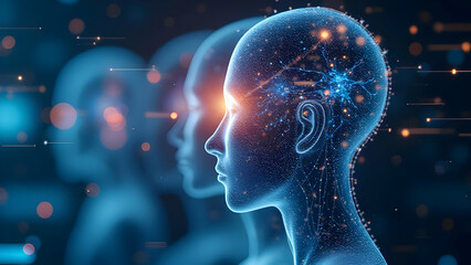 Artificial intelligence brain with a glowing neural network and digital human profile, featuring a blue and orange color scheme, interconnected nodes, and futuristic technology concepts.