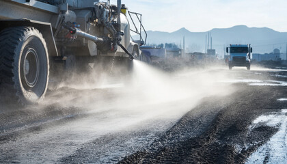 An arm-mounted water spray sprinkler is actively dispersing water to reduce dust on a gravel surface at a construction site. Heavy machinery operates in the background during daylight hours