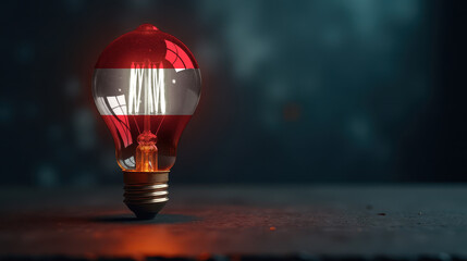 A patriotic concept: A light bulb with the Austria flag design glowing in the dark, symbolizing ingenuity, technology, and energy independence