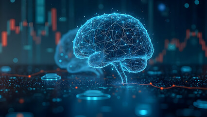 Holographic brain with glowing blue neural network, floating stock market data, and futuristic digital interface, showcasing artificial intelligence and technological advancement.