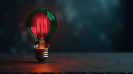 A patriotic concept: A light bulb with the Bangladesh flag design glowing in the dark, symbolizing ingenuity, technology, and energy independence