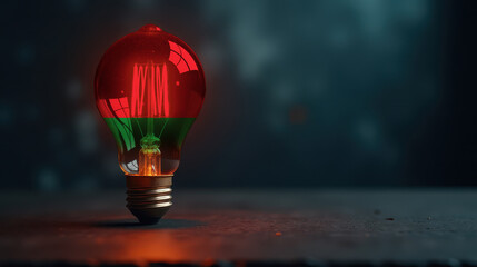A patriotic concept: A light bulb with the Belarus flag design glowing in the dark, symbolizing ingenuity, technology, and energy independence