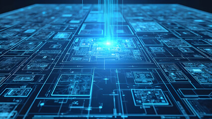 Futuristic circuit board with glowing blue energy, holographic technology, 3D grid, and abstract network connections.