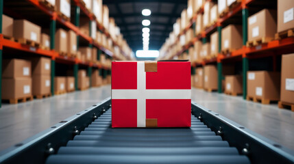 A package wrapped in the Denmark flag moves on a conveyor belt inside a warehouse. Symbolizing logistics, global trade, and the efficiency of supply chains.
