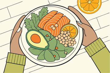 15 Balanced meal plate, vibrant healthy ingredients, salmon fillets, avocado half, orange, chickpeas, leafy greens, hands holding plate, yellow sweater, natural light, food photography, nutritious spr