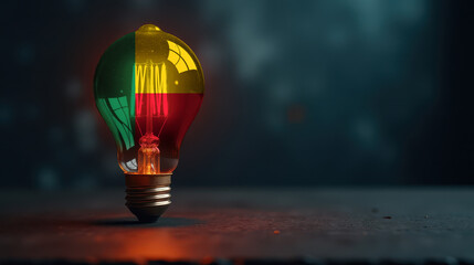 A patriotic concept: A light bulb with the Benin flag design glowing in the dark, symbolizing ingenuity, technology, and energy independence