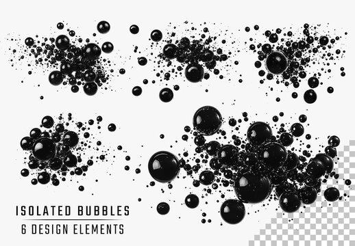 6 Isolated Black Bubbles Explosion On Transparent Background