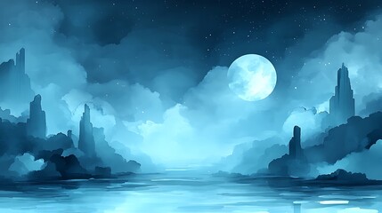 Blue moonlit fantasy landscape with cloudy sky and mysterious towers reflecting on calm water.