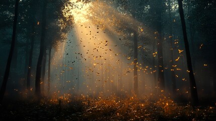 Light shining through trees in a dark and hazy forest
