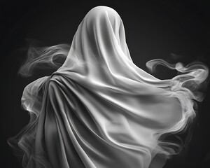 A veiled figure shrouded in ethereal smoke and cloth