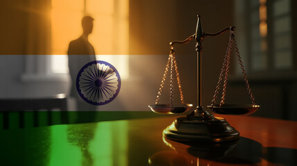 The scales of justice stand in front of the India flag, symbolizing law, fairness, and the legal system. A concept of democracy and equality.
