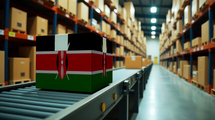 Kenya parcel on a conveyor in a modern distribution center. Symbolizing trade, global exports, and the efficiency of logistics