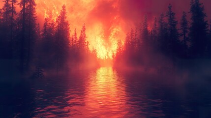 Obraz premium A silhouetted forest stands beside a tranquil body of water