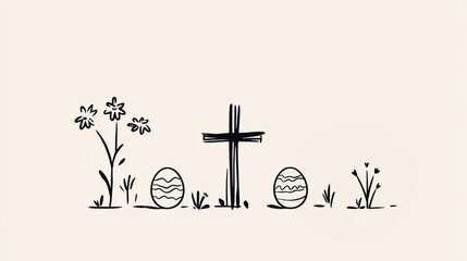 Line art stroke illustration of Easter Catholic crosswith eggs and flowers. Concept of Easter, spring, Christianity, salvation, resurrection, holiness