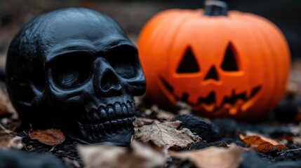 Halloween skull and pumpkin on fallen leaves
