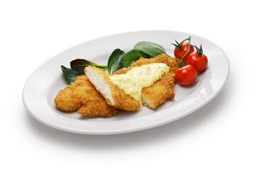 fried basa fish fillet with tartar sauce.
