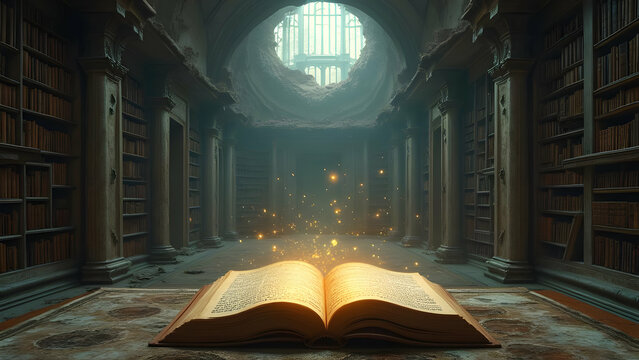 ancient library, magical glowing book, moonlight through circular window, dusty bookshelves, mysterious atmosphere, fantasy setting, golden light, open tome, knowledge seekers, hidden wisdom, ethereal